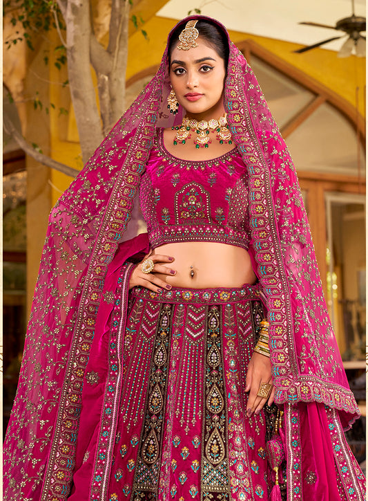 Rani Pink Heavy Zarkan Diamond & Mirror Hand Embroidery Velvet Bridal Lehenga Choli With Double Dupatta