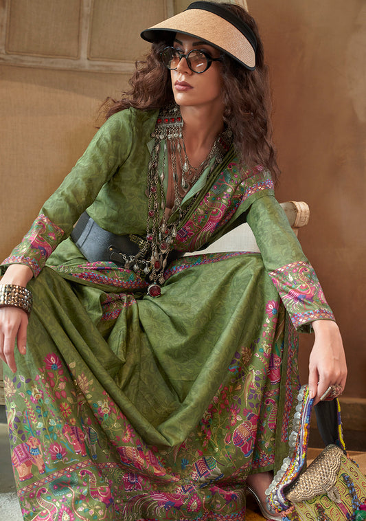 Green Silk Luxury Print With Glory Finish Ceremonial Saree