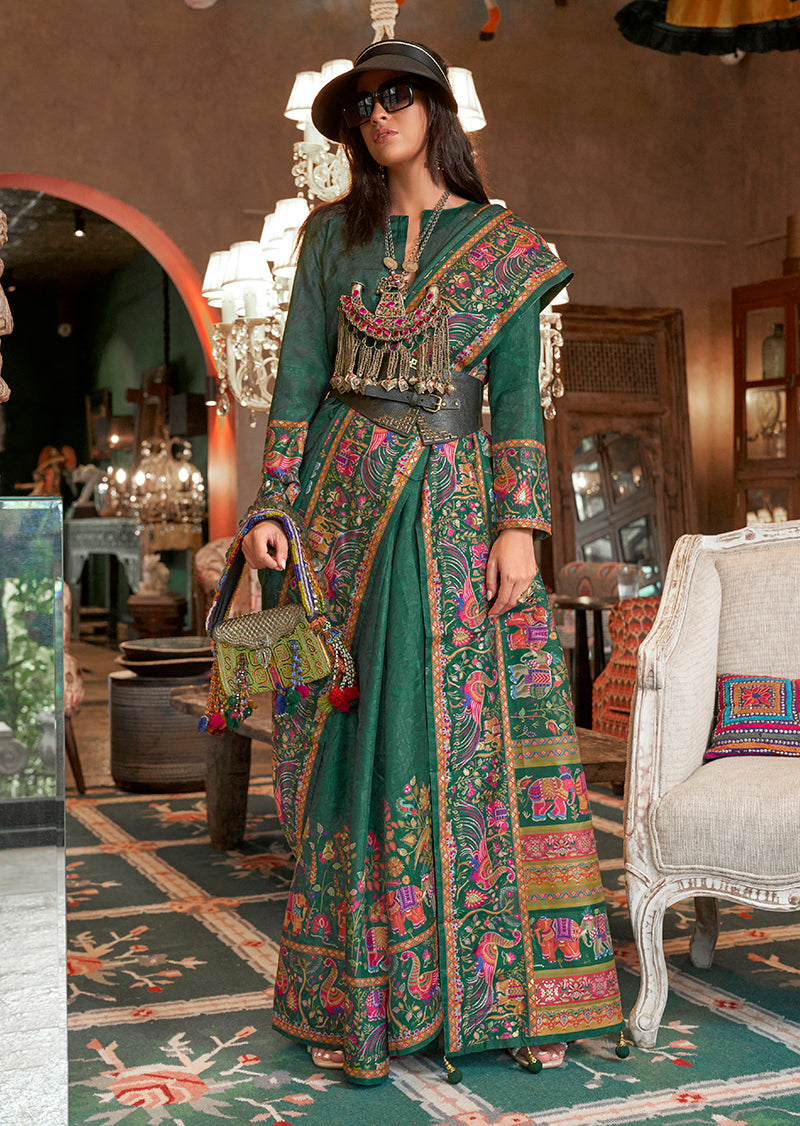 Dark Teal Silk Luxury Print With Glory Finish Ceremonial Saree