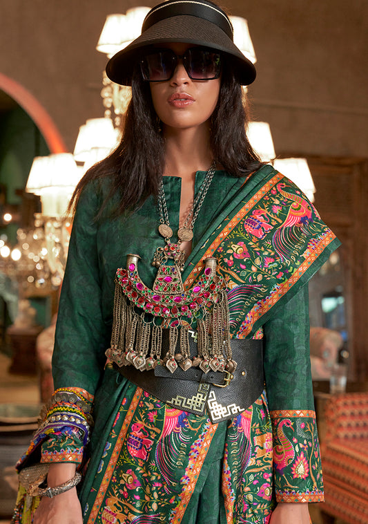 Dark Teal Silk Luxury Print With Glory Finish Ceremonial Saree