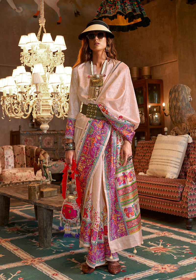 Light Pink Silk Luxury Print With Glory Finish Ceremonial Saree