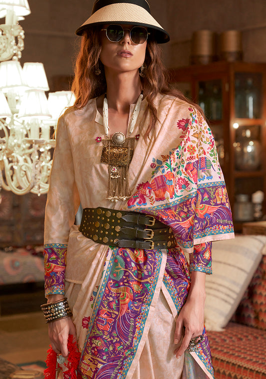 Light Pink Silk Luxury Print With Glory Finish Ceremonial Saree