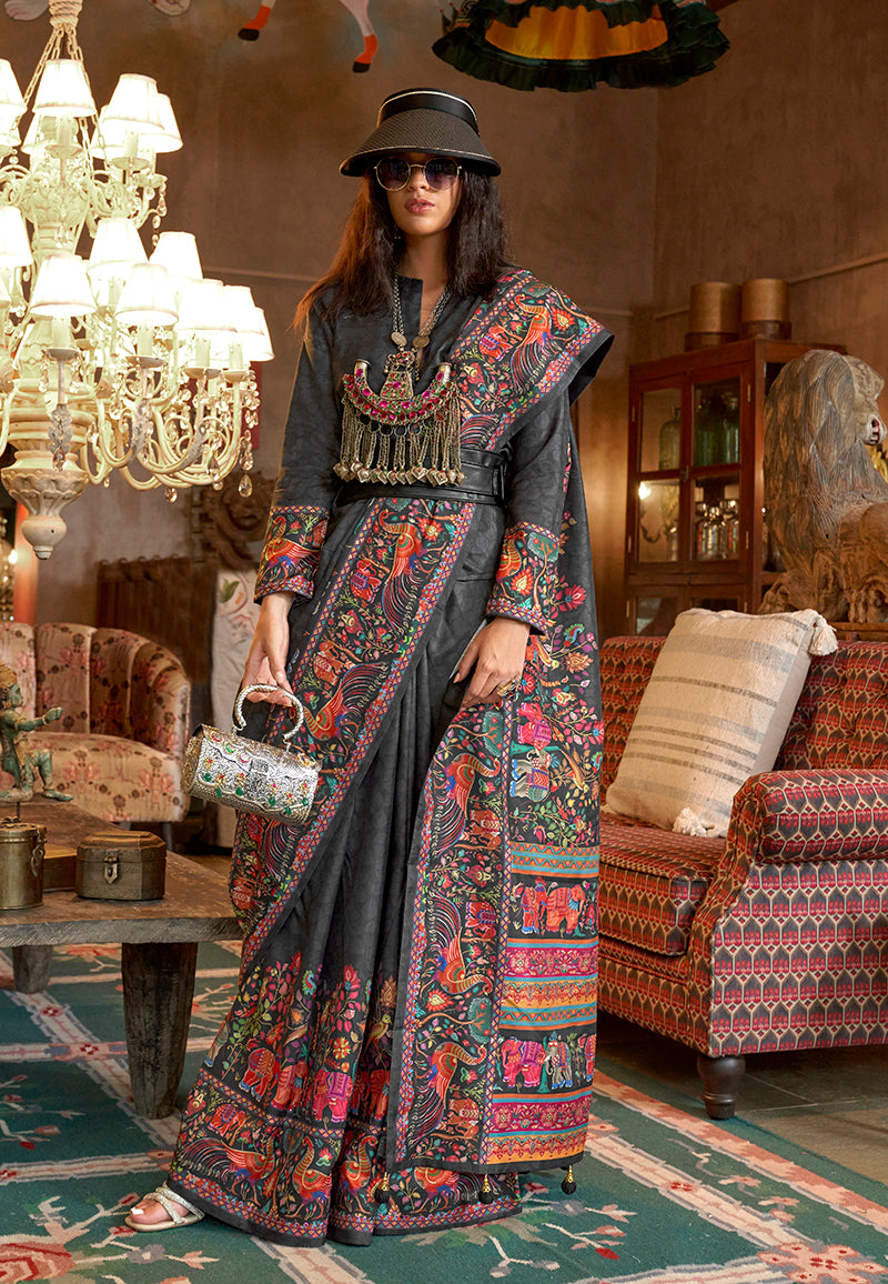 Black Silk Luxury Print With Glory Finish Ceremonial Saree