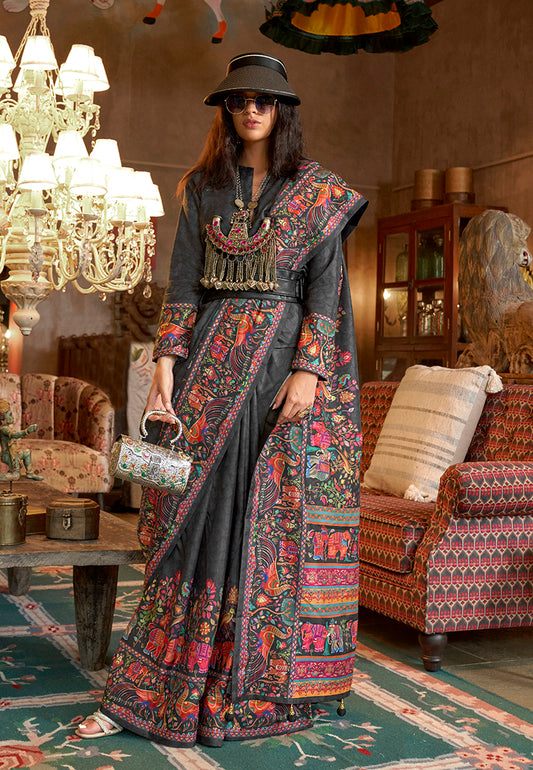 Black Silk Luxury Print With Glory Finish Ceremonial Saree