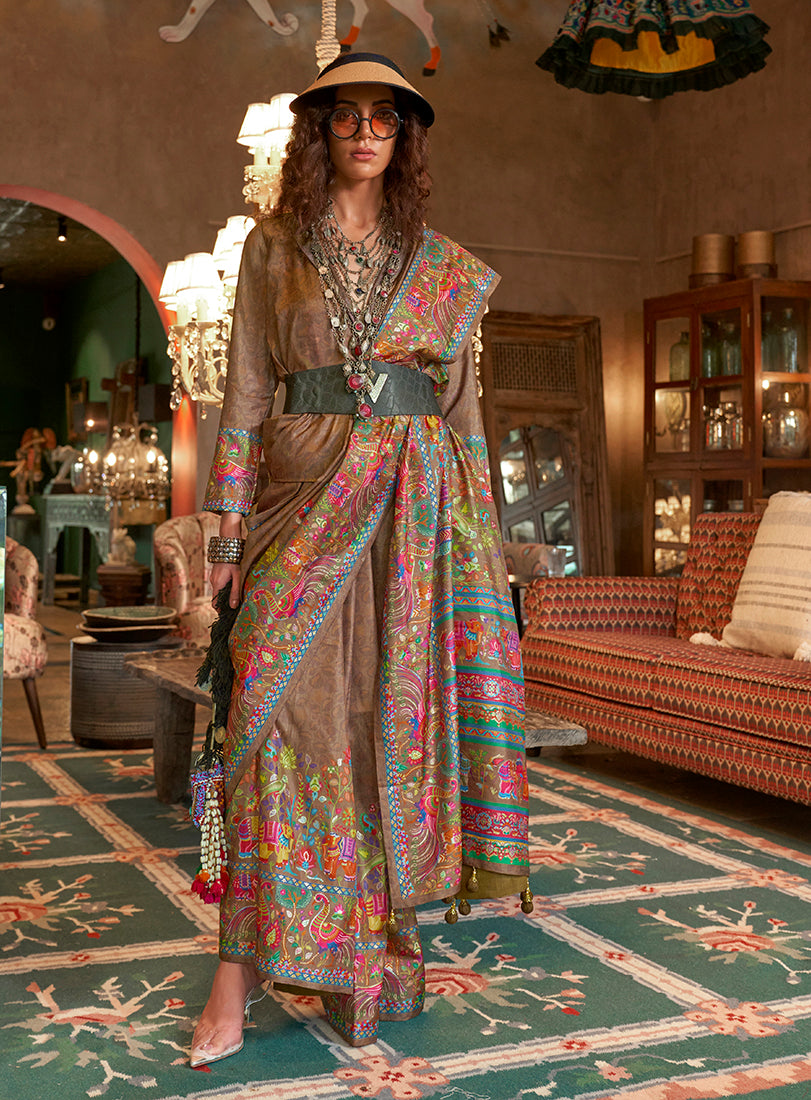 Chocolate Silk Luxury Print With Glory Finish Ceremonial Saree