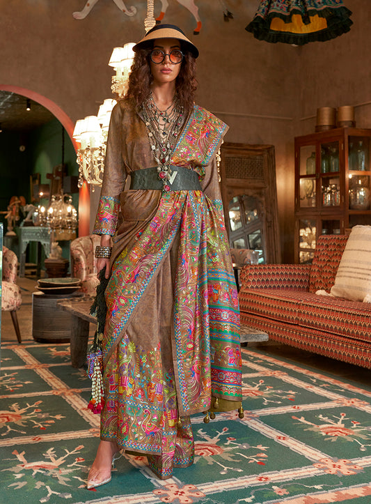 Chocolate Silk Luxury Print With Glory Finish Ceremonial Saree