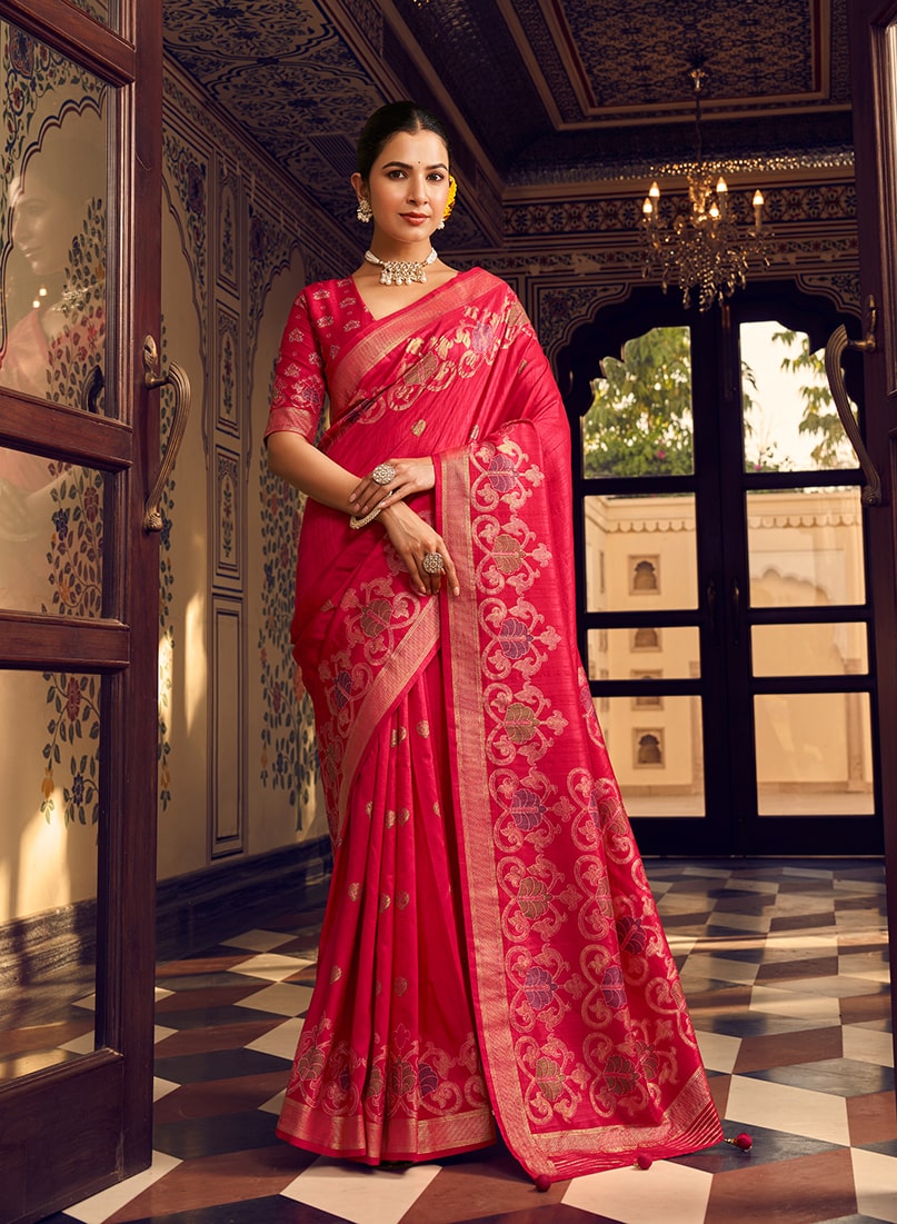 Banarasi Traditional Design Zari Work Saree In Rani Pink