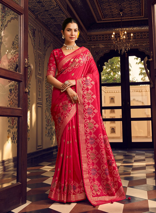 Banarasi Traditional Design Zari Work Saree In Rani Pink