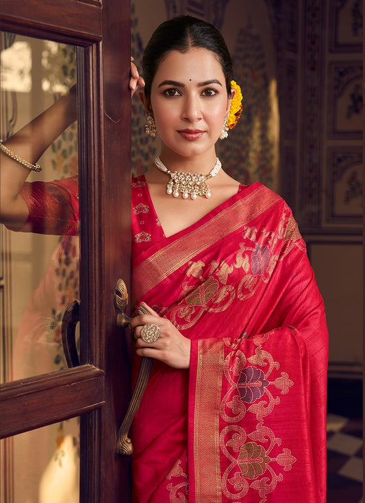 Banarasi Traditional Design Zari Work Saree In Rani Pink