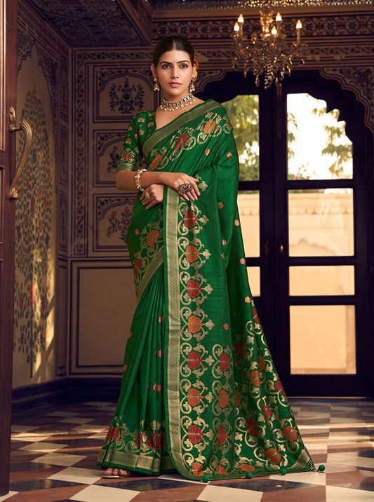 Banarasi Traditional Design Zari Work Saree In Dark green