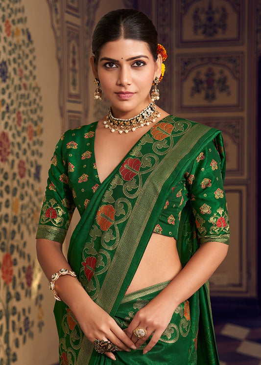 Banarasi Traditional Design Zari Work Saree In Dark green