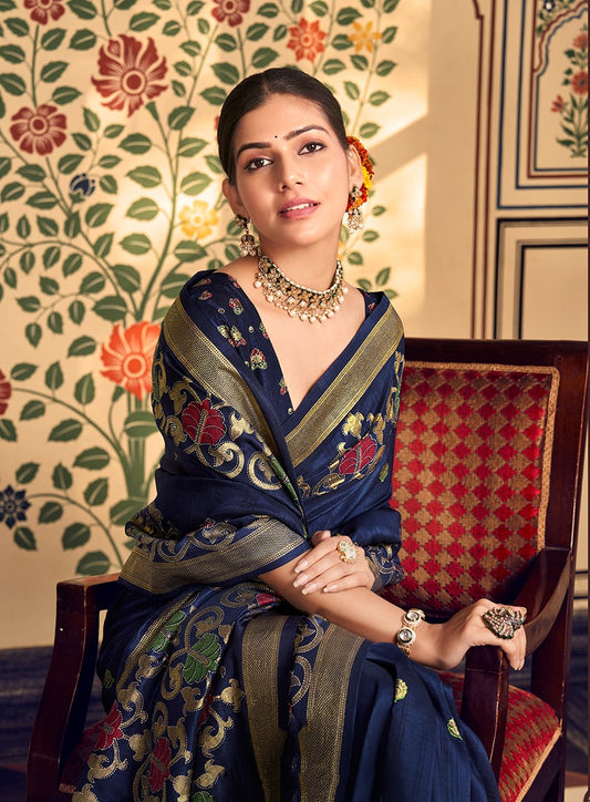 Banarasi Traditional Design Zari Work Saree In Navy blue