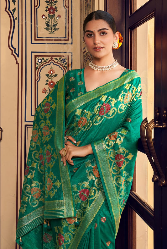 Banarasi Traditional Design Zari Work Saree In Turquoise