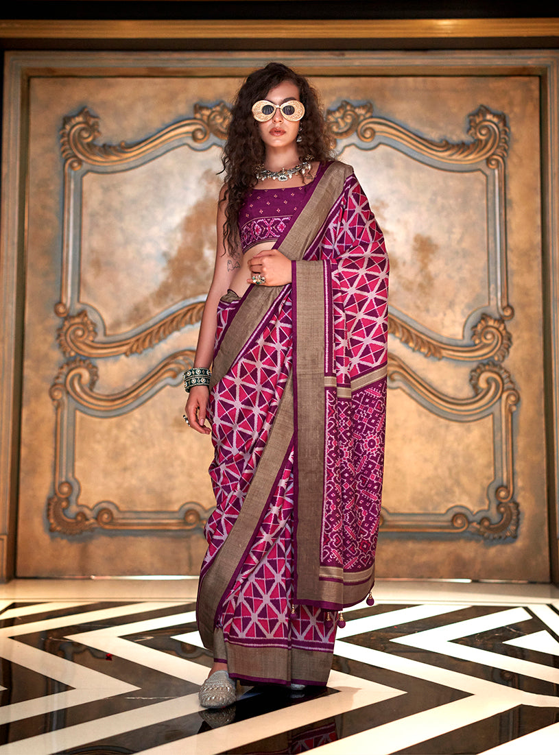 Ikkat Signature Print Silk Festival Saree in Magenta