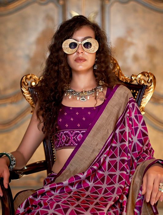 Ikkat Signature Print Silk Festival Saree in Magenta