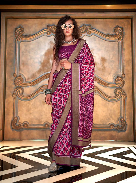 Ikkat Signature Print Silk Festival Saree in Magenta