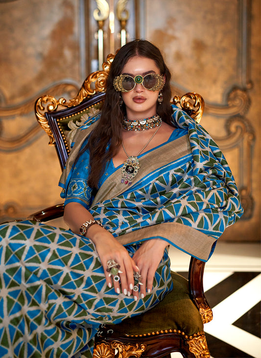 Ikkat Signature Print Silk Festival Saree in Turquoise