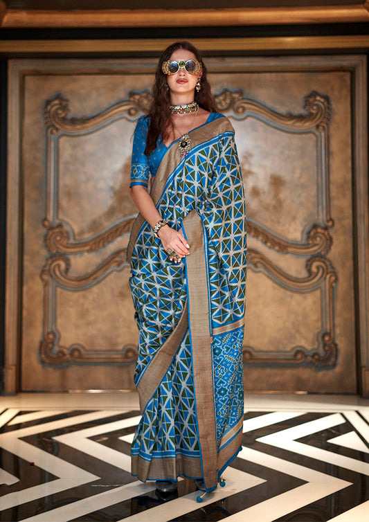 Ikkat Signature Print Silk Festival Saree in Turquoise