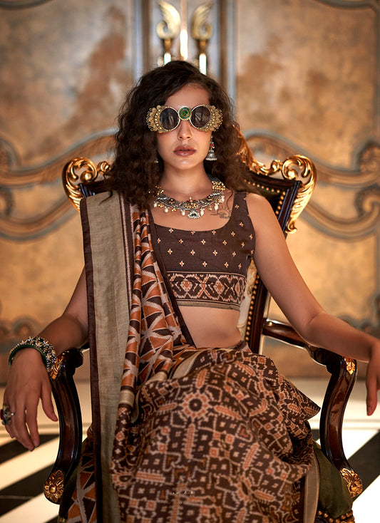 Ikkat Signature Print Silk Festival Saree in Brown