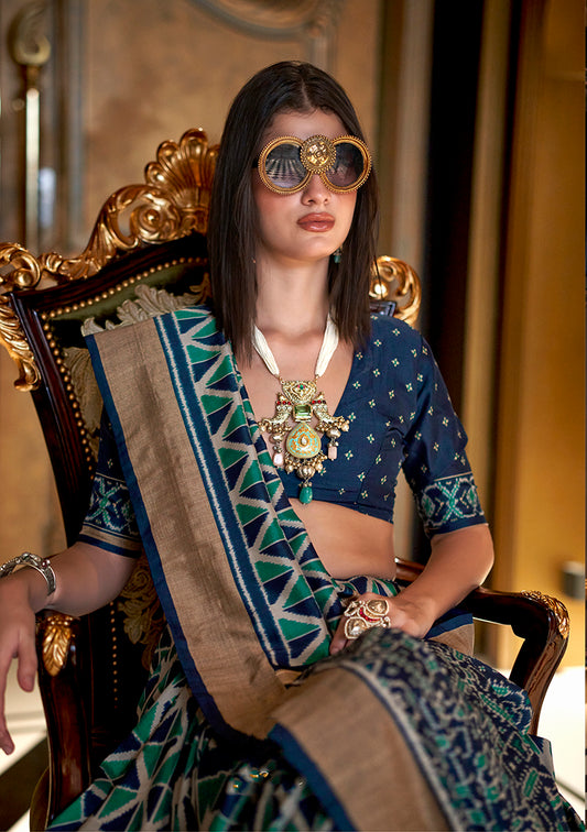 Ikkat Signature Print Silk Festival Saree in Teal