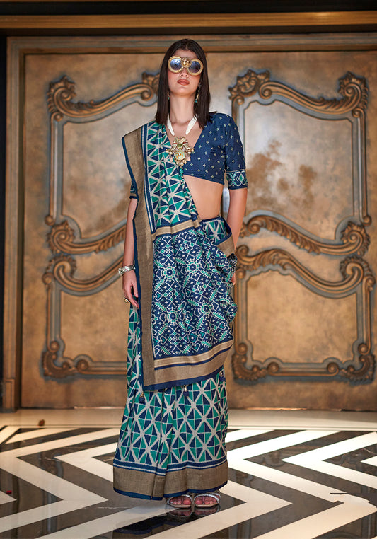 Ikkat Signature Print Silk Festival Saree in Teal