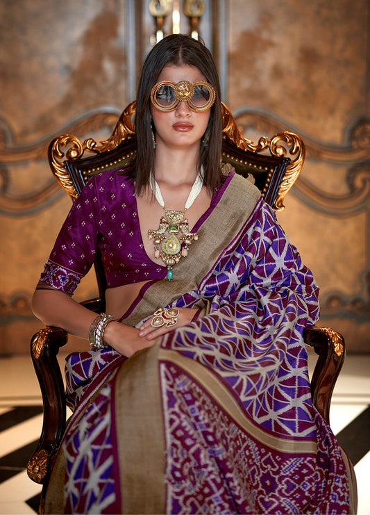 Ikkat Signature Print Silk Festival Saree in Purple