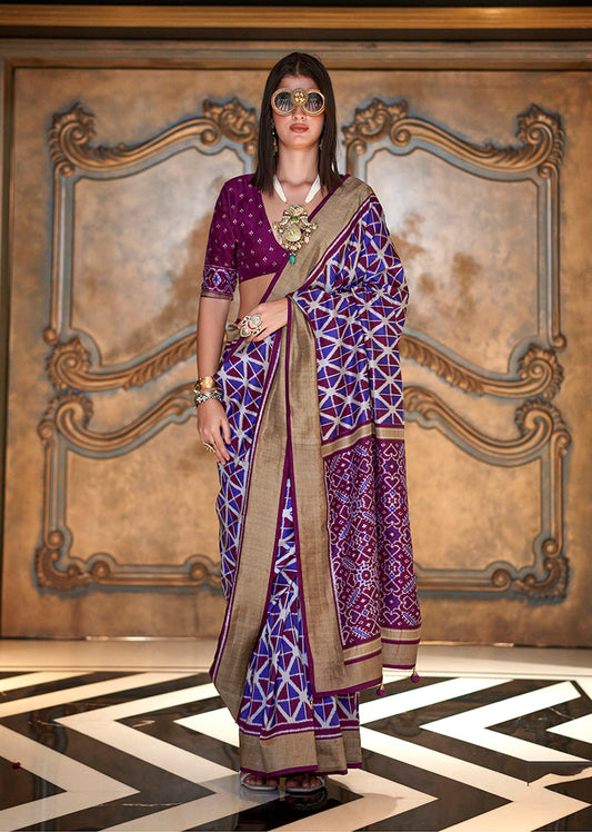 Ikkat Signature Print Silk Festival Saree in Purple