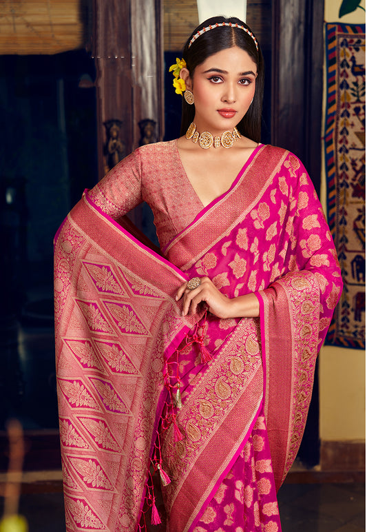 Rani Pink Georgette With Weaving Butta Border Pallu Classic Saree