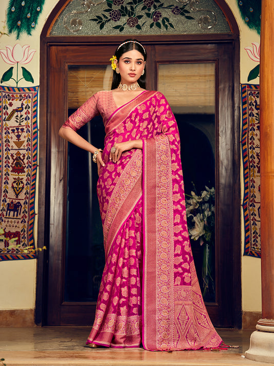 Rani Pink Georgette With Weaving Butta Border Pallu Classic Saree