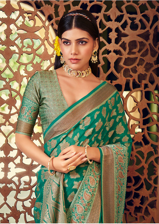 Turquoise Georgette With Weaving Butta Border Pallu Classic Saree