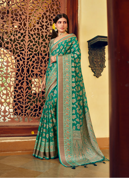 Turquoise Georgette With Weaving Butta Border Pallu Classic Saree