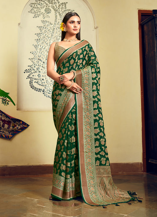 Green Georgette With Weaving Butta Border Pallu Classic Saree