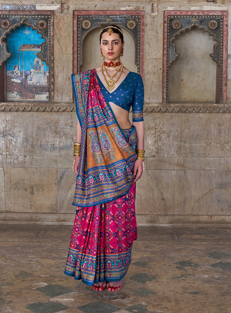 Silk Rani Pink and Blue Woven Classic Festival Wear Saree