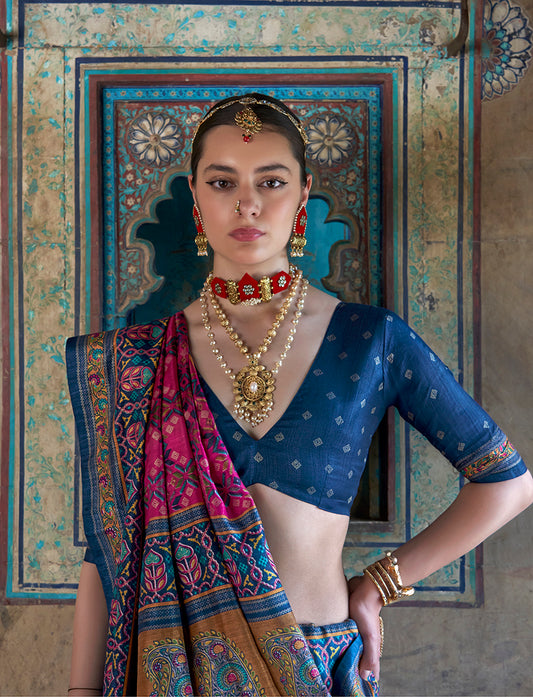 Silk Rani Pink and Blue Woven Classic Festival Wear Saree