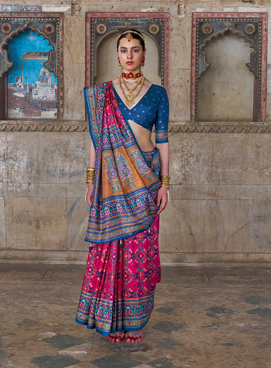 Silk Rani Pink and Blue Woven Classic Festival Wear Saree