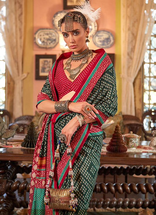 Dark Green Color Patola Design Zari Work Traditional Saree