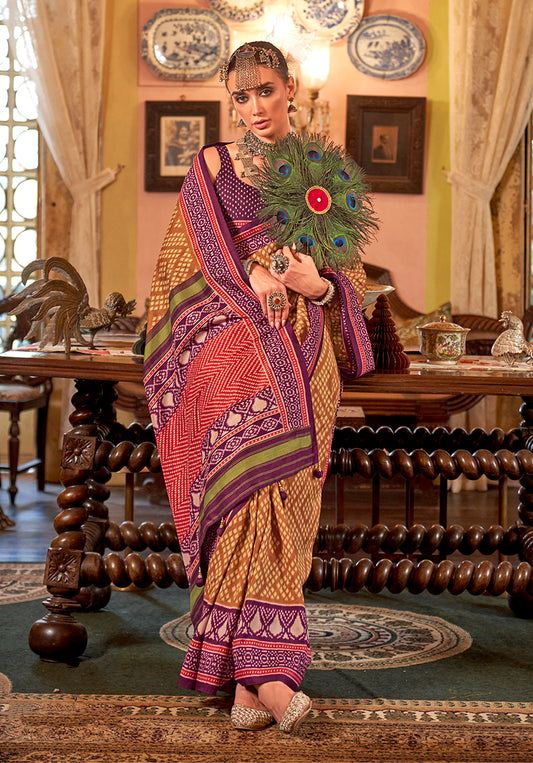 Mustard Color Patola Design Zari Work Traditional Saree
