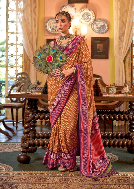 Mustard Color Patola Design Zari Work Traditional Saree