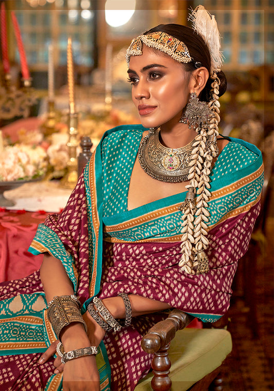 Wine & Turquoise Color Patola Design Zari Work Traditional Saree