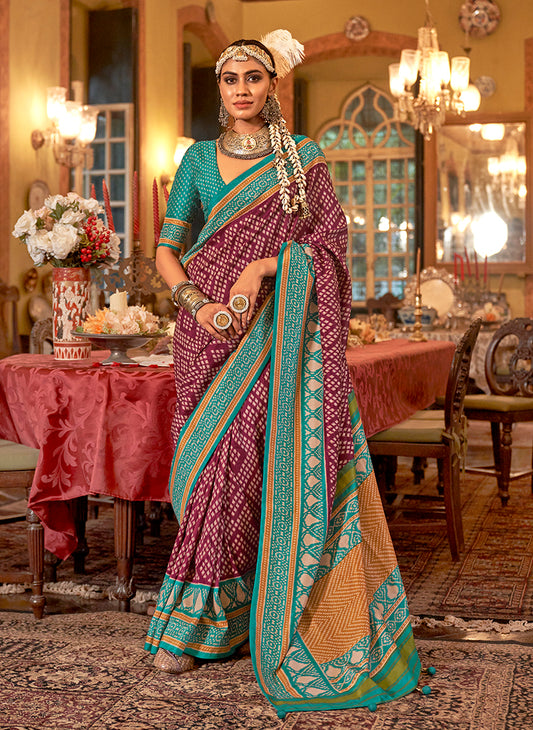 Wine & Turquoise Color Patola Design Zari Work Traditional Saree