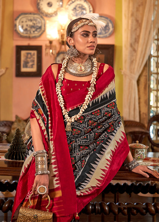 Black & Red Color Patola Design Zari Work Traditional Saree