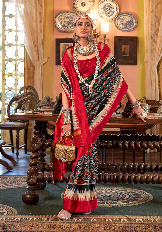 Black & Red Color Patola Design Zari Work Traditional Saree