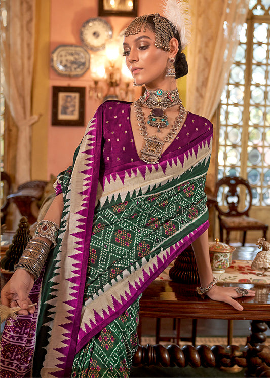 Dark Green & Magenta Color Patola Design Zari Work Traditional Saree