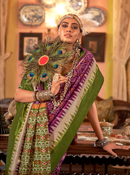 Magenta & Green Color Patola Design Zari Work Traditional Saree