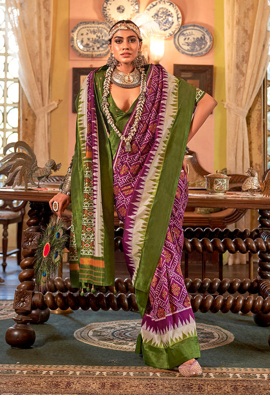 Magenta & Green Color Patola Design Zari Work Traditional Saree
