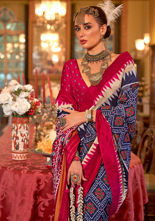 Navy blue & Pink Color Patola Design Zari Work Traditional Saree