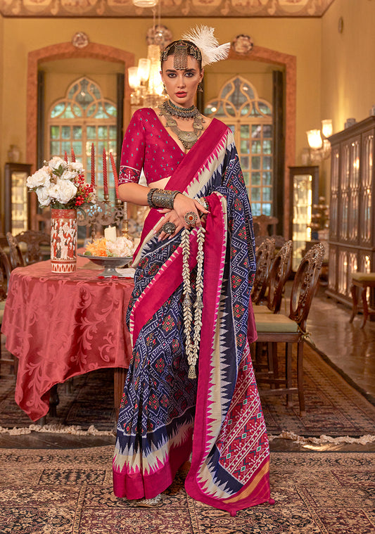 Navy blue & Pink Color Patola Design Zari Work Traditional Saree