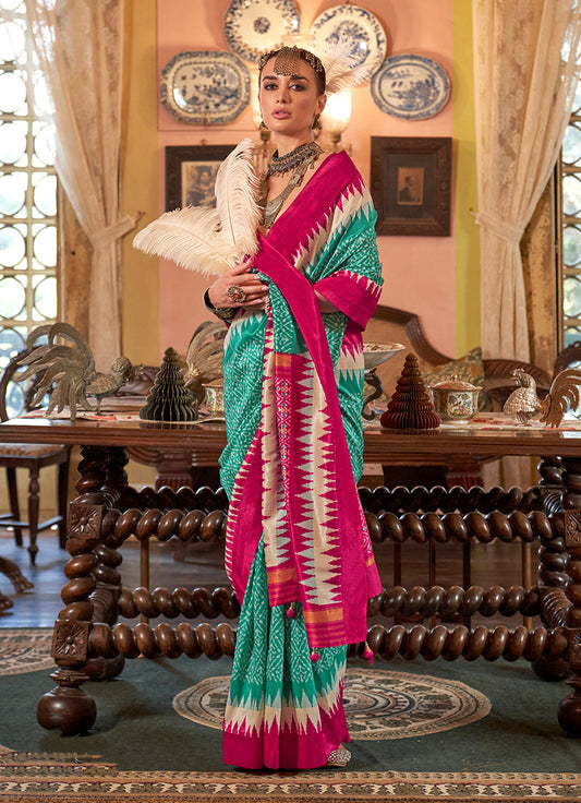 Turquoise & Pink Color Patola Design Zari Work Traditional Saree