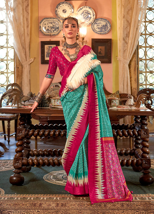 Turquoise & Pink Color Patola Design Zari Work Traditional Saree