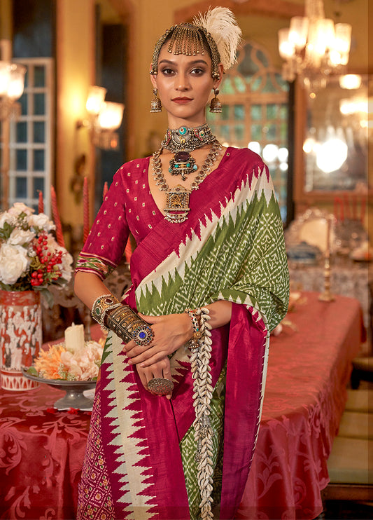 Green & Pink Color Patola Design Zari Work Traditional Saree